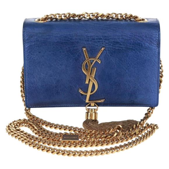 SAINT LAURENT Chain Kate Shoulder Bag Leather Blue Gold Auth 163093SAV