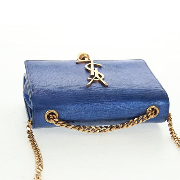 SAINT LAURENT Chain Kate Shoulder Bag Leather Blue Gold Auth 163093V