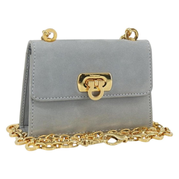Salvatore Ferragamo Gancini Chain Shoulder Pouch Suede Gray Gold Auth 163100V