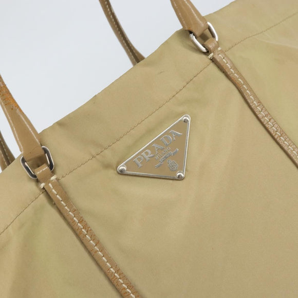 PRADA Tote Bag Nylon Beige Silver Auth 163162