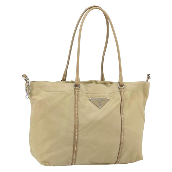 PRADA Tote Bag Nylon Beige Silver Auth 163162