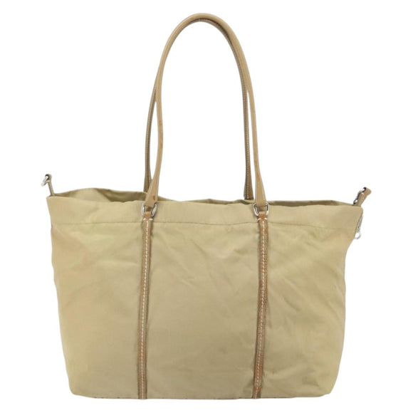 PRADA Tote Bag Nylon Beige Silver Auth 163162