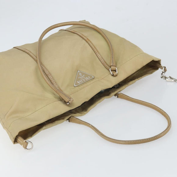 PRADA Tote Bag Nylon Beige Silver Auth 163162
