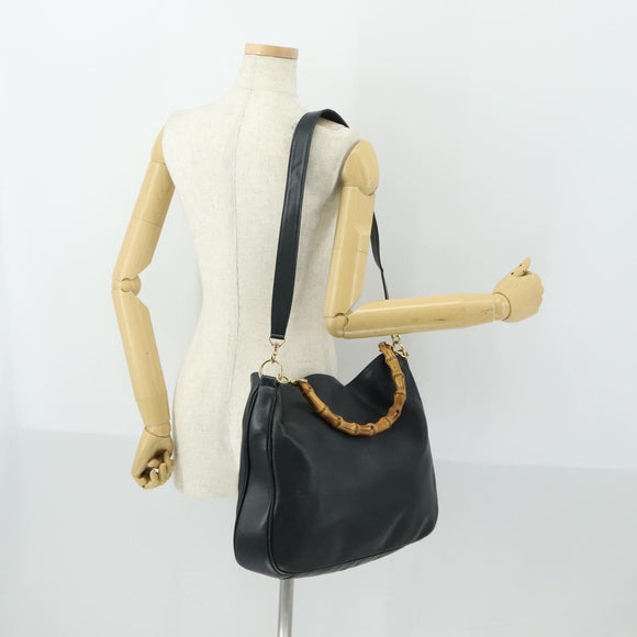 GUCCI Bamboo Shoulder Bag Leather 2way Black Gold 001 1781 1577 Auth 163164