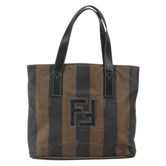 FENDI Pecan Canvas Hand Bag PVC 2way Black Brown gold Auth 163184