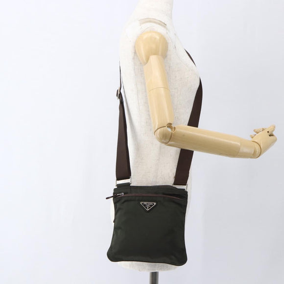 PRADA Shoulder Bag Nylon Khaki Silver Auth 163187