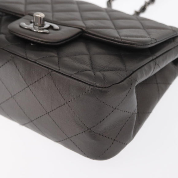 CHANEL Chain Mini Matelasse 16 Shoulder Bag Lamb Skin Gray Silver CC Auth163230V