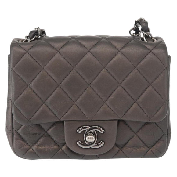 CHANEL Chain Mini Matelasse 16 Shoulder Bag Lamb Skin Gray Silver CC Auth163230V