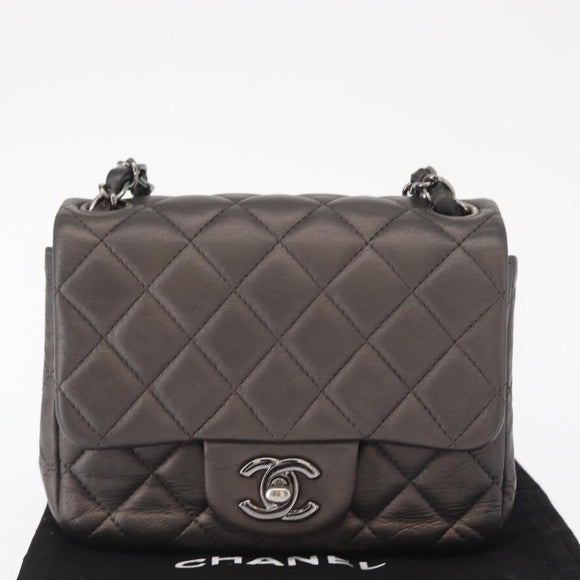 CHANEL Chain Mini Matelasse 16 Shoulder Bag Lamb Skin Gray Silver CC Auth163230V