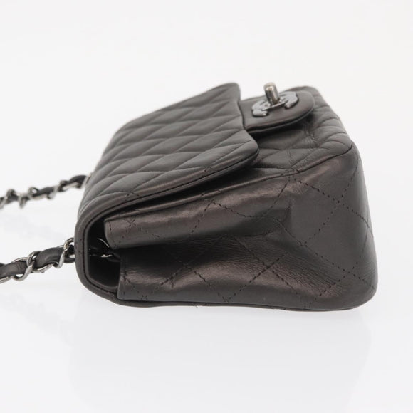 CHANEL Chain Mini Matelasse 16 Shoulder Bag Lamb Skin Gray Silver CC Auth163230V