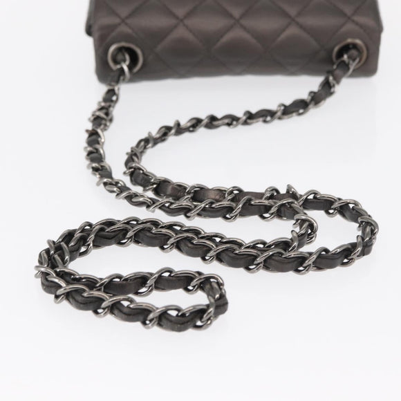 CHANEL Chain Mini Matelasse 16 Shoulder Bag Lamb Skin Gray Silver CC Auth163230V