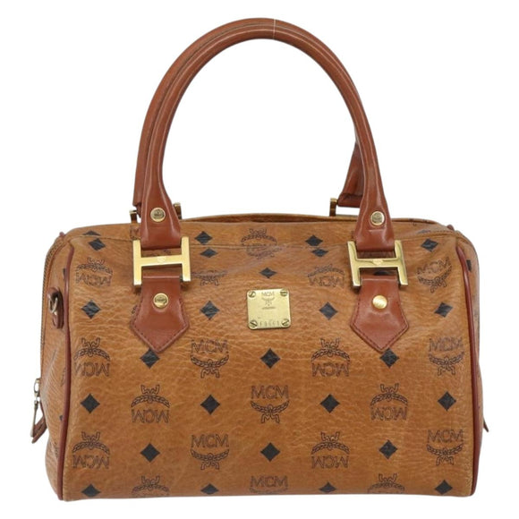 MCM Logogram Vicetos Boston Bag PVC Brown Gold Auth 163237