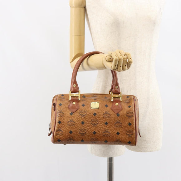 MCM Logogram Vicetos Boston Bag PVC Brown Gold Auth 163237