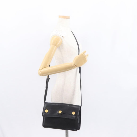 CELINE Medallion Chain Shoulder Bag Leather Black Gold Auth 163249