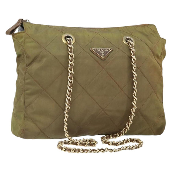 PRADA Chain Quilted Shoulder Bag Nylon Brown Gold Auth 163251