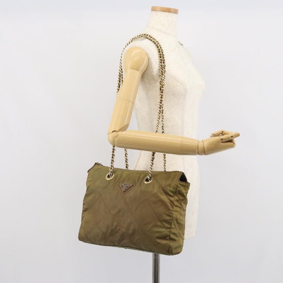 PRADA Chain Quilted Shoulder Bag Nylon Brown Gold Auth 163251
