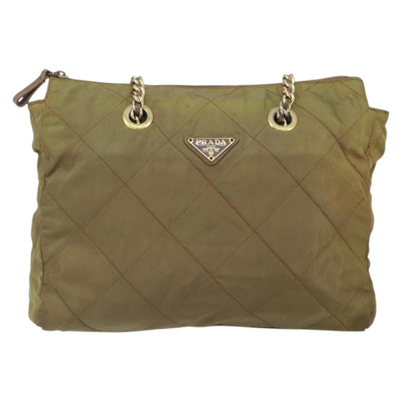 PRADA Chain Quilted Shoulder Bag Nylon Brown Gold Auth 163251
