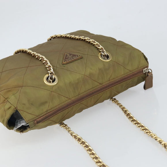 PRADA Chain Quilted Shoulder Bag Nylon Brown Gold Auth 163251