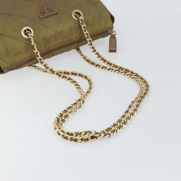 PRADA Chain Quilted Shoulder Bag Nylon Brown Gold Auth 163251