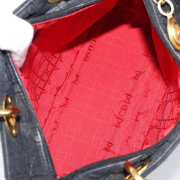 Christian Dior Lady Dior Canage Hand Bag Nylon Black Gold Auth 163252
