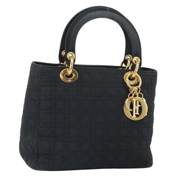Christian Dior Lady Dior Canage Hand Bag Nylon Black Gold Auth 163252