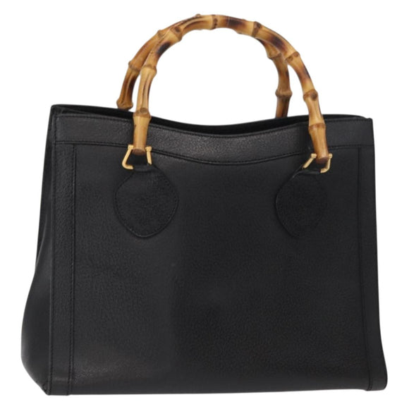 GUCCI Bamboo Hand Bag Leather Black Gold 02 1059 260 Auth 163270