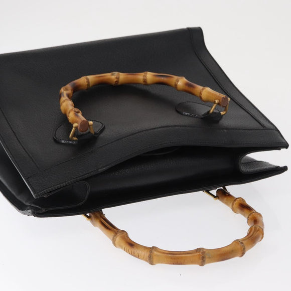 GUCCI Bamboo Hand Bag Leather Black Gold 02 1059 260 Auth 163270