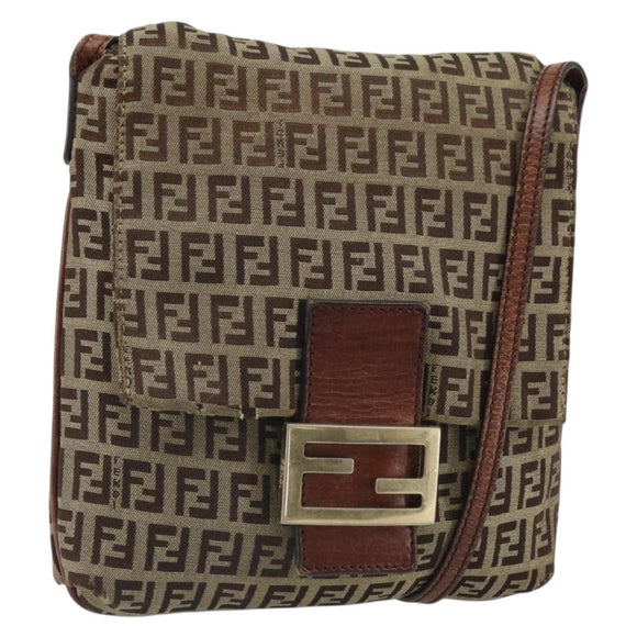 FENDI Zucchino Canvas Mamma Baguette Shoulder Bag Beige Gold Auth 163271