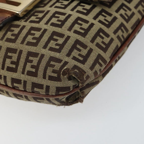 FENDI Zucchino Canvas Mamma Baguette Shoulder Bag Beige Gold Auth 163271