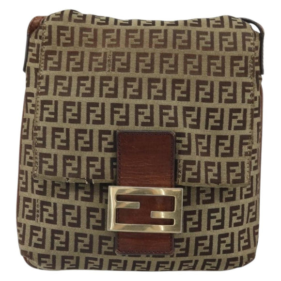 FENDI Zucchino Canvas Mamma Baguette Shoulder Bag Beige Gold Auth 163271