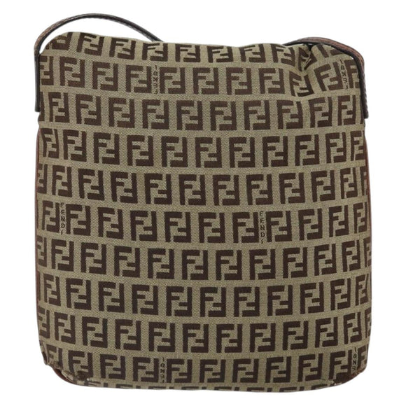 FENDI Zucchino Canvas Mamma Baguette Shoulder Bag Beige Gold Auth 163271