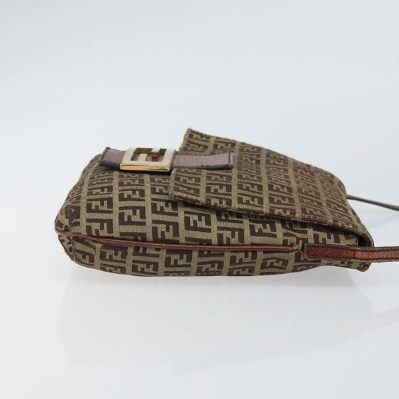 FENDI Zucchino Canvas Mamma Baguette Shoulder Bag Beige Gold Auth 163271