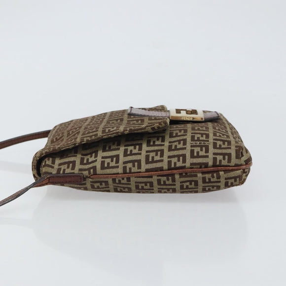 FENDI Zucchino Canvas Mamma Baguette Shoulder Bag Beige Gold Auth 163271