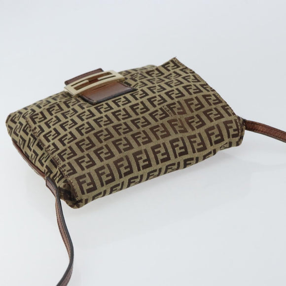 FENDI Zucchino Canvas Mamma Baguette Shoulder Bag Beige Gold Auth 163271