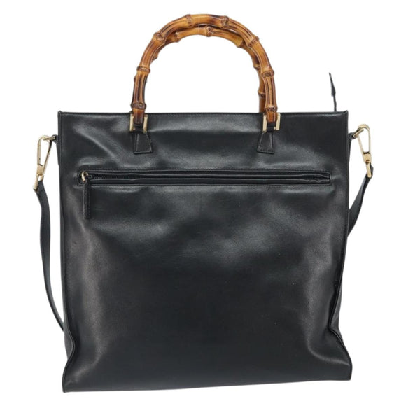 GUCCI Bamboo Hand Bag Leather 2way Black Gold 001 095 1878 Auth 163274