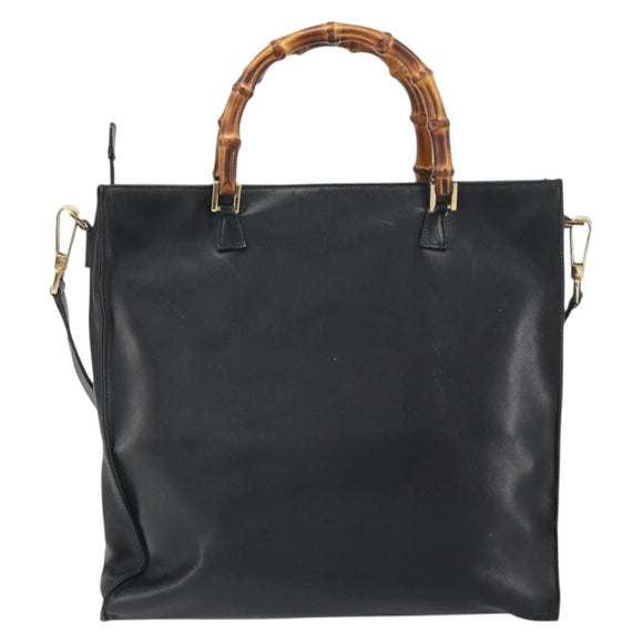GUCCI Bamboo Hand Bag Leather 2way Black Gold 001 095 1878 Auth 163274