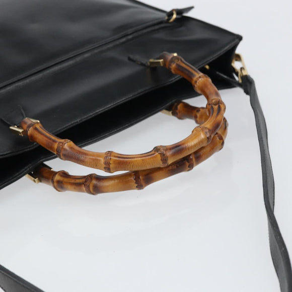 GUCCI Bamboo Hand Bag Leather 2way Black Gold 001 095 1878 Auth 163274