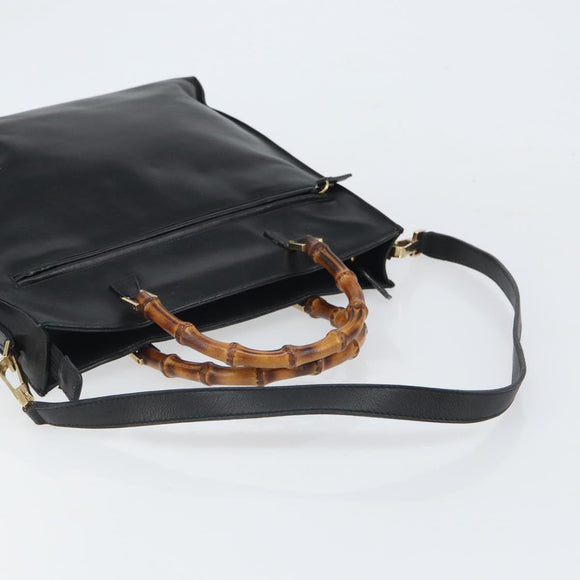 GUCCI Bamboo Hand Bag Leather 2way Black Gold 001 095 1878 Auth 163274