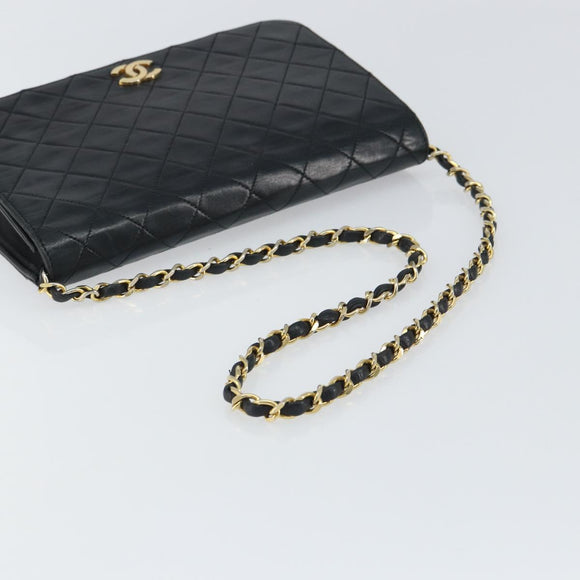 CHANEL Matelasse Chain Shoulder Bag Lamb Skin Black Gold CC Auth 163277