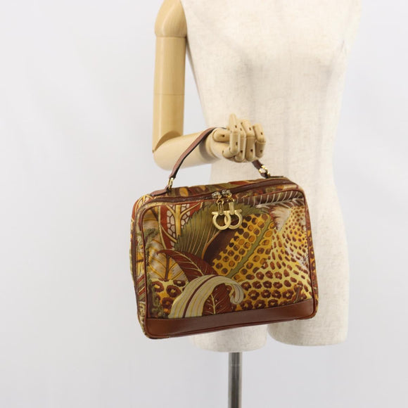Salvatore Ferragamo Gancini Hand Bag Nylon Brown Gold Auth 163292