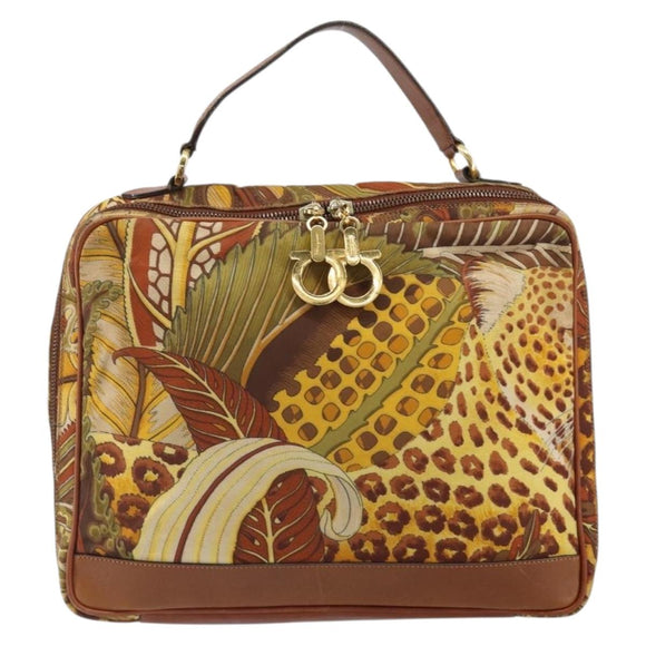 Salvatore Ferragamo Gancini Hand Bag Nylon Brown Gold Auth 163292