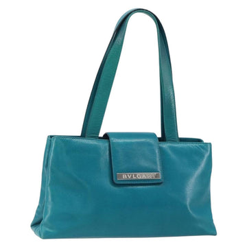 BVLGARI Hand Bag Leather Silver Emerald Green Auth 163293