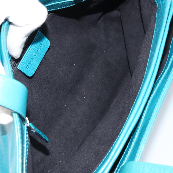 BVLGARI Hand Bag Leather Silver Emerald Green Auth 163293