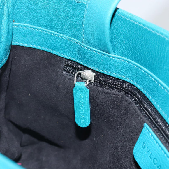 BVLGARI Hand Bag Leather Silver Emerald Green Auth 163293