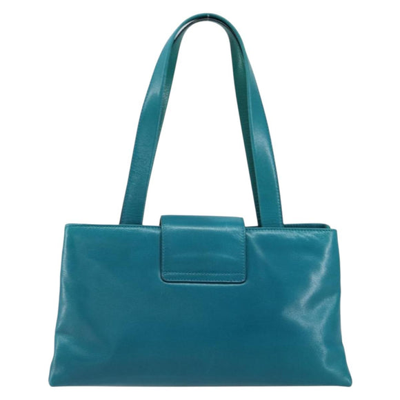 BVLGARI Hand Bag Leather Silver Emerald Green Auth 163293