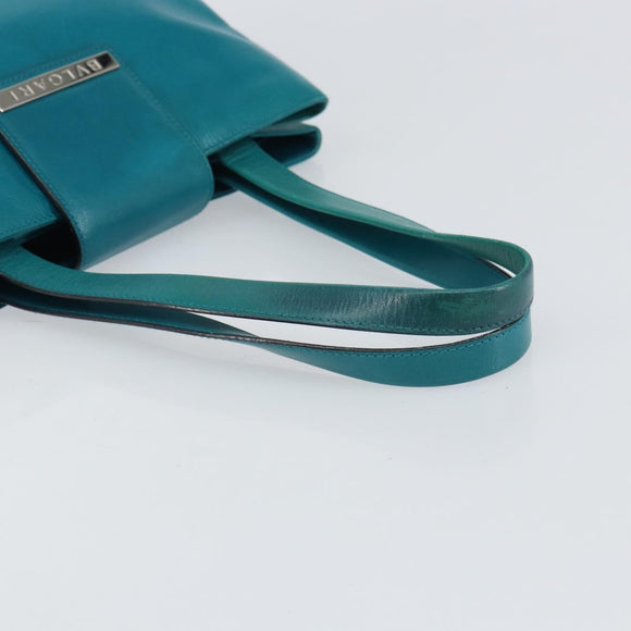 BVLGARI Hand Bag Leather Silver Emerald Green Auth 163293