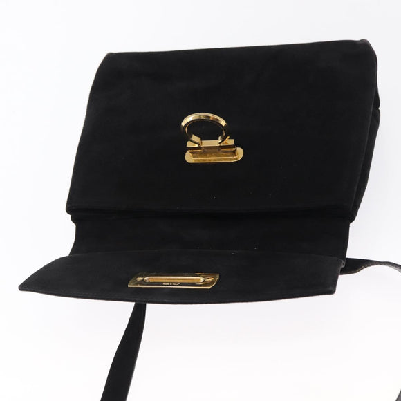 Salvatore Ferragamo Gancini Shoulder Bag Suede Black Gold Auth 163316
