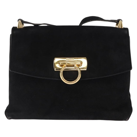 Salvatore Ferragamo Gancini Shoulder Bag Suede Black Gold Auth 163316