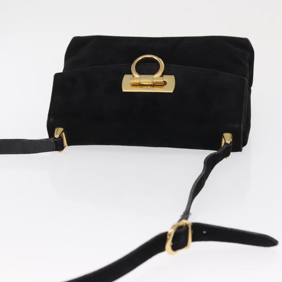 Salvatore Ferragamo Gancini Shoulder Bag Suede Black Gold Auth 163316