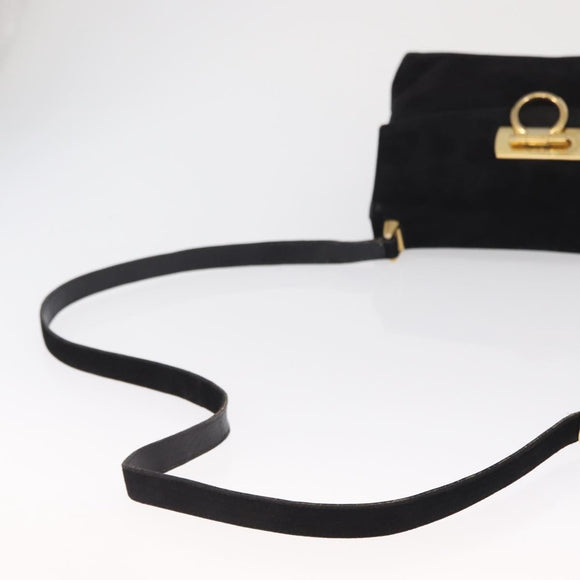 Salvatore Ferragamo Gancini Shoulder Bag Suede Black Gold Auth 163316